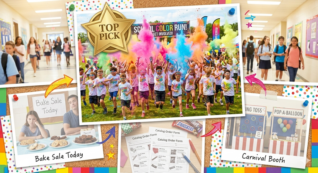 Collage of school fundraiser ideas with color run fundraiser highlighted as the top pick, surrounded by bake sale, catalog sales, and carnival booth alternatives