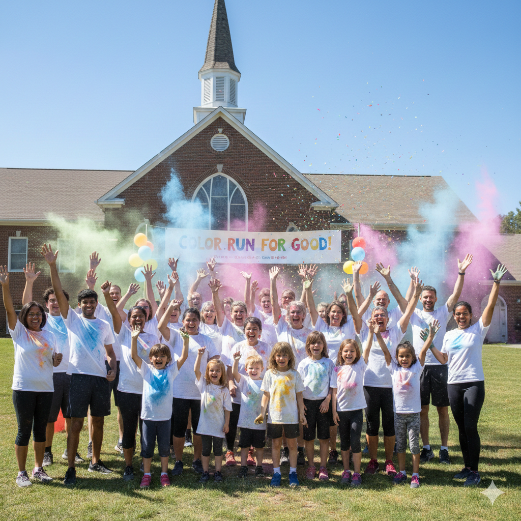 Multigenerational church congregation celebrating at a color run fundraiser on church grounds with colorful powder and a Color Run for Good banner