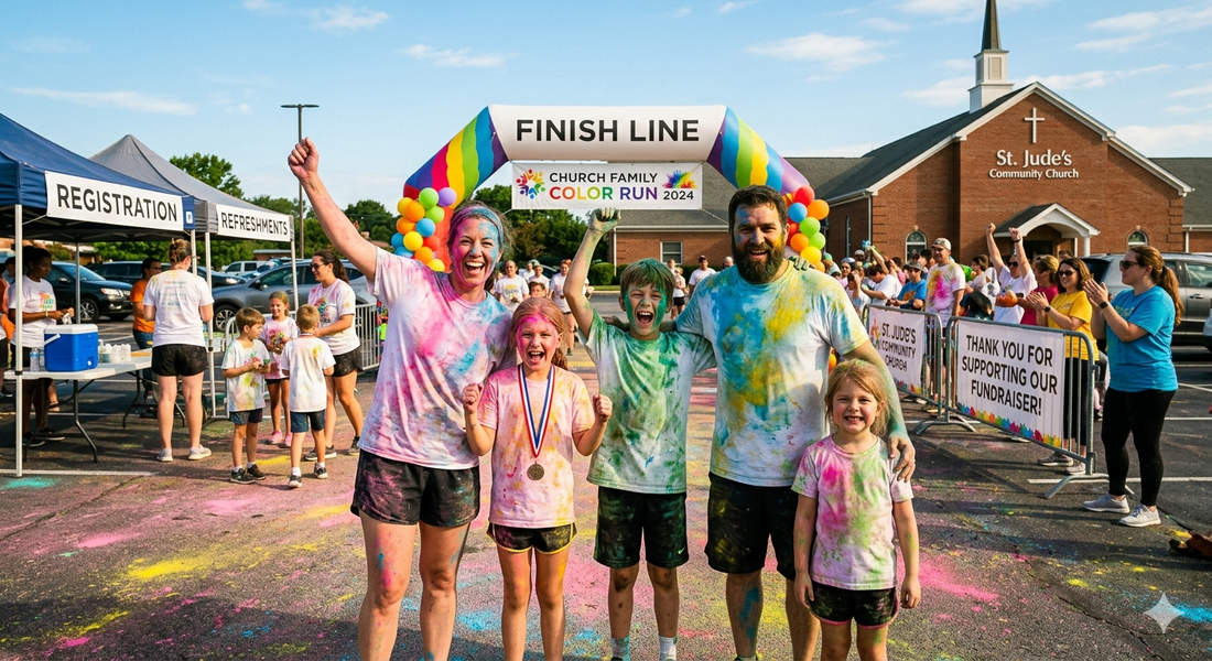 Family celebrating at the finish line of a church color run fundraiser