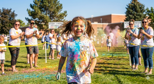Young girl smiling and covered in colorful powder at a school color run fundraiser with parents cheering in the background