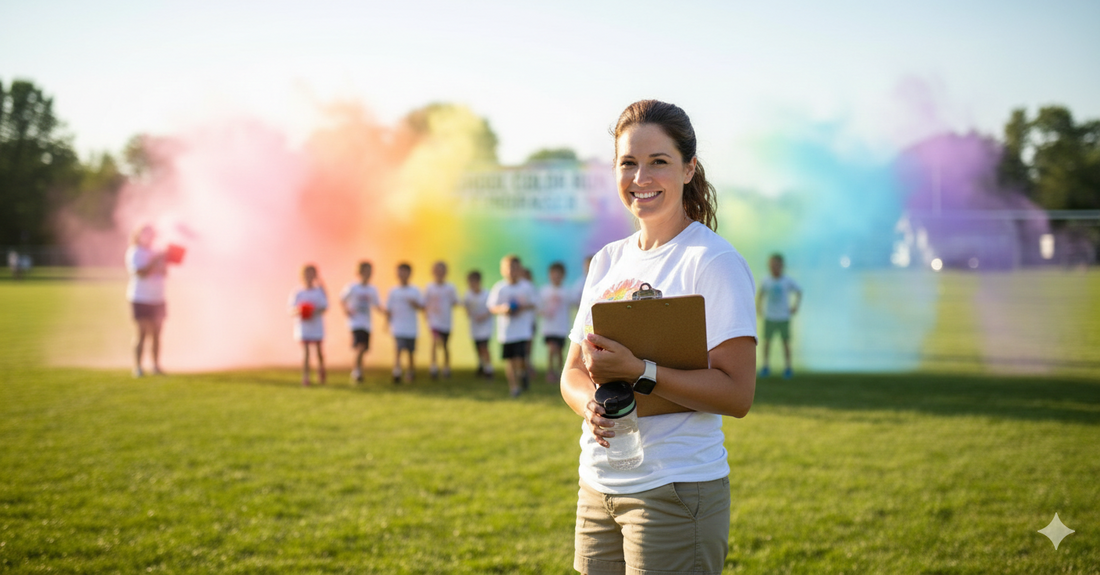 School PE teacher with clipboard planning a color run fundraiser with students in background