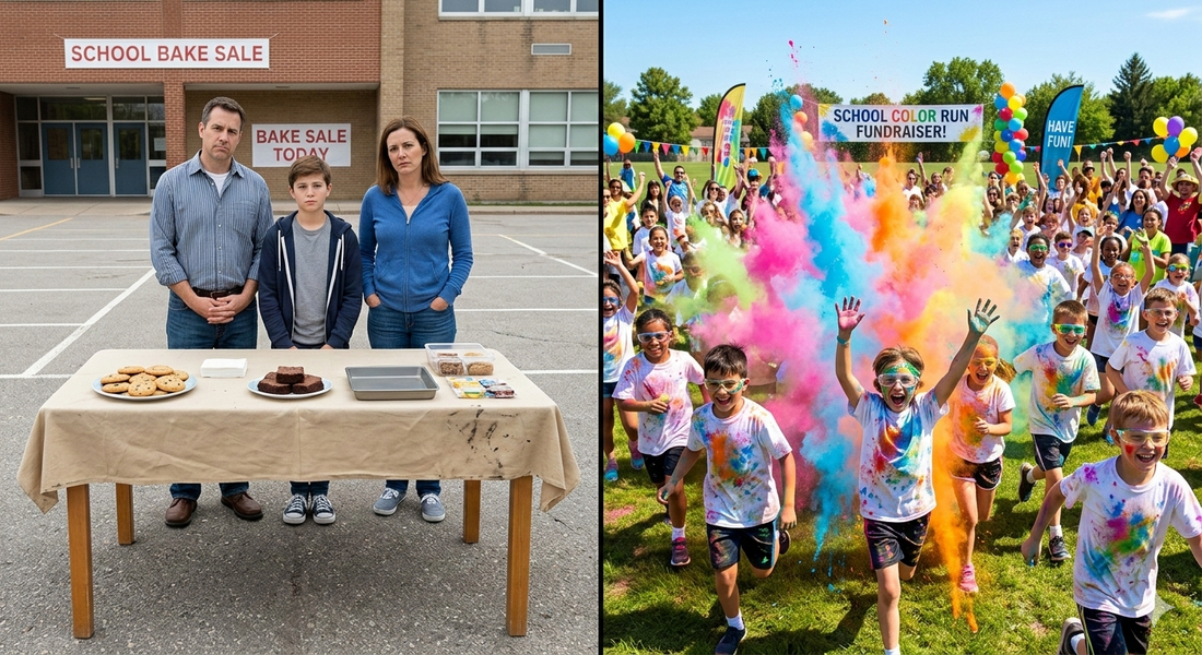 Side by side comparison of a dull school bake sale with unhappy family versus an exciting school color run fundraiser with kids celebrating in colorful powder