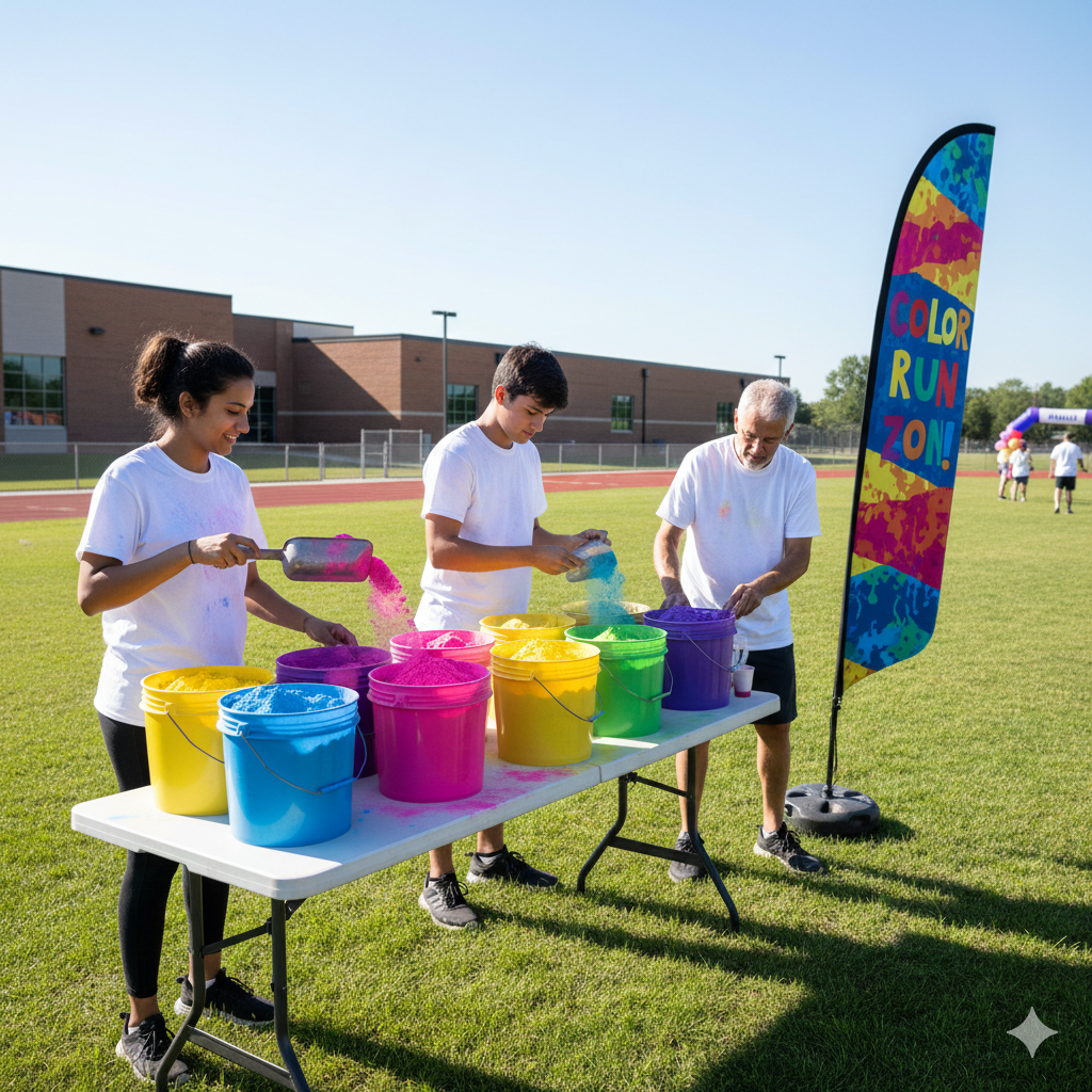 Three volunteers setting up a color run station with buckets of colored powder on a folding table at a school athletic field