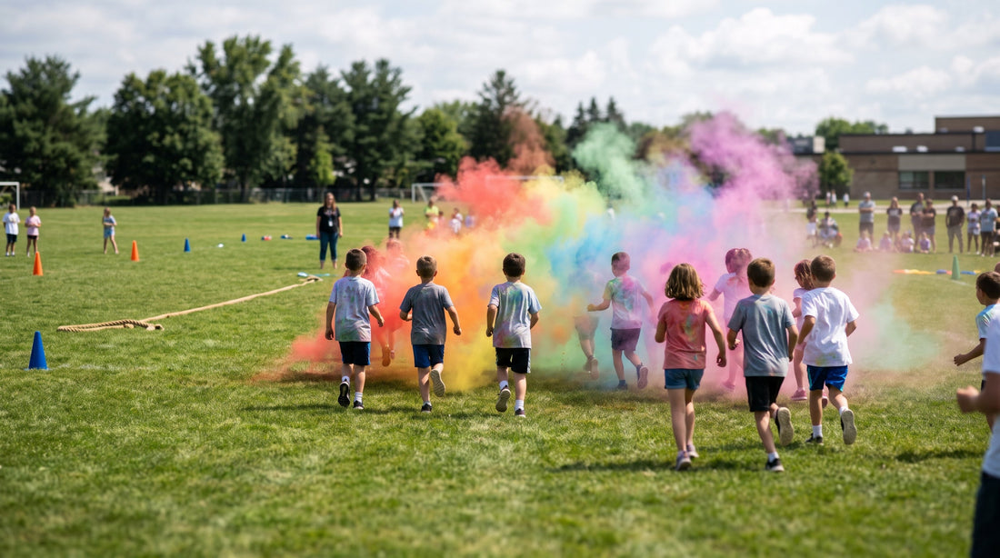 Students seen from behind running across a school field through bright clouds of colored powder.