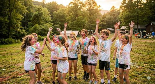 Summer camp kids covered in bright color powder celebrating after a color war on a grassy field