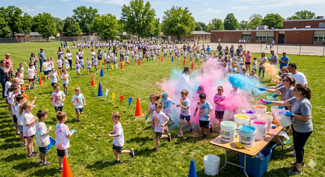 School volunteers setting up color powder stations for a DIY color run fundraiser on a sunny field