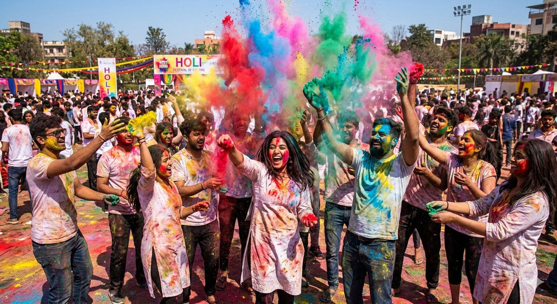 Group of people celebrating Holi festival throwing colorful powder in red yellow blue and green outdoors