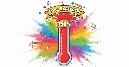 School color run fundraiser thermometer showing goal exceeded at 150% with rainbow color powder explosion