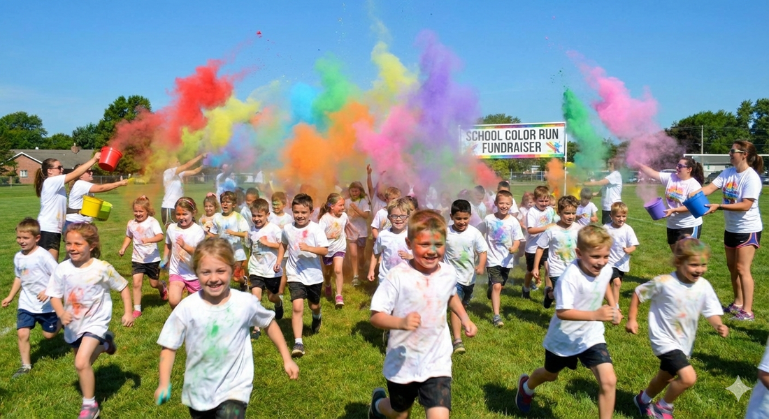 Kids running through color powder at a school color run fundraiser