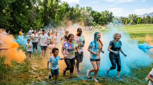 Multi-generational YMCA color run event with families and children participating in colorful powder activities
