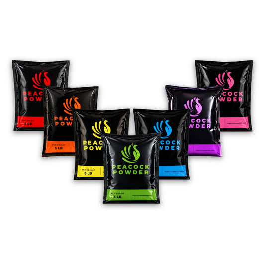 Seven 5lb bags of Peacock Powder color run powder in red, orange, yellow, green, blue, purple, and pink