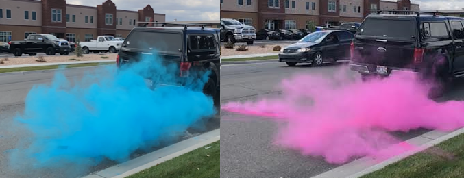 car tire gender reveal burnout bag pink blue color powder surprise party
